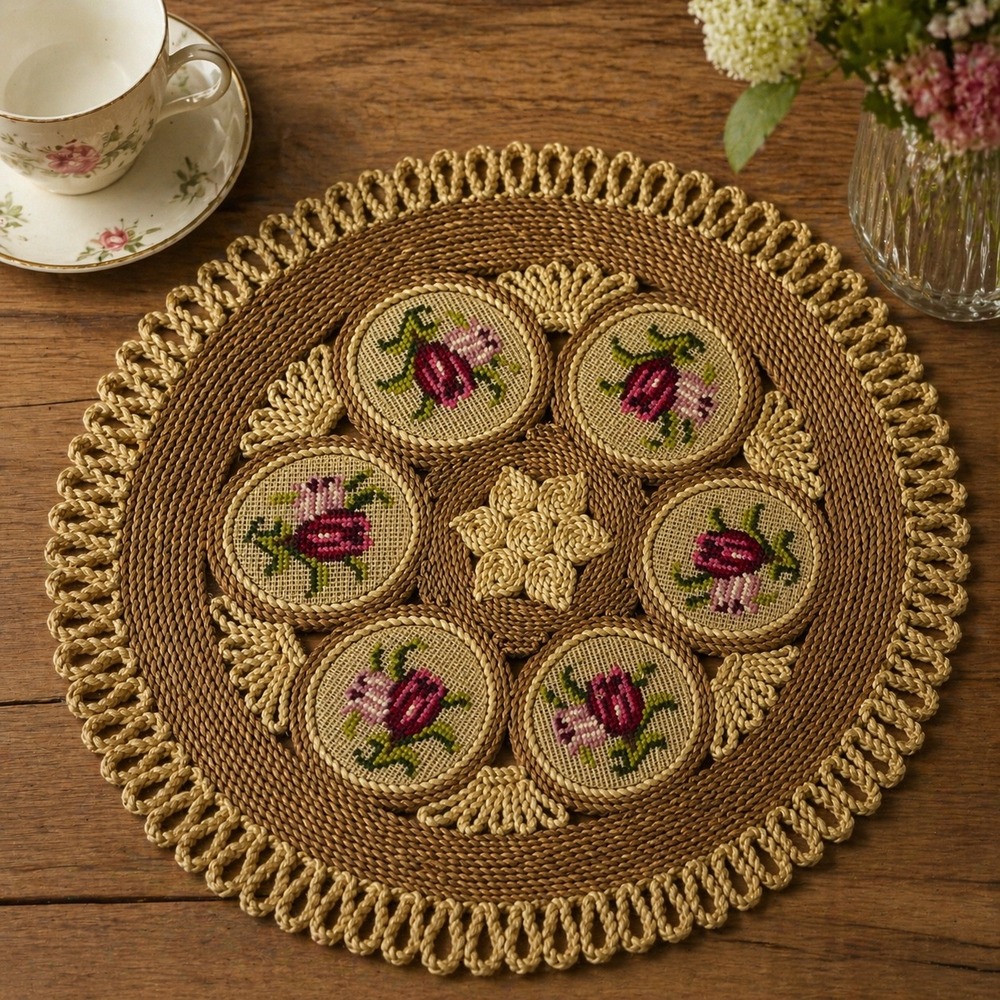 Vintage Rattan Needlepoint Center Placemat Roses Table Handmade Cottagecore Boho